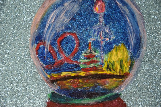 Christmas snow globe original acrylic painting, Copenhagen ball, amusement park