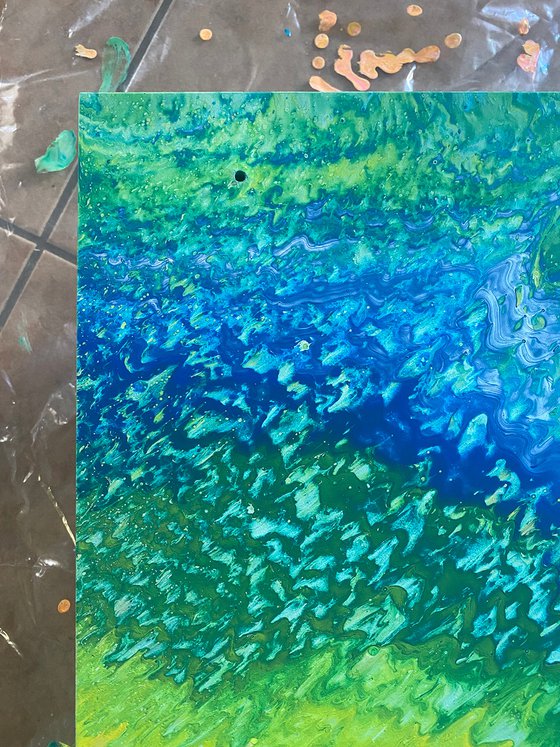 "Atomic Ripple" - Original Abstract PMS Fluid Acrylic Painting on a Recycled Desk Panel - 30 x 18 inches