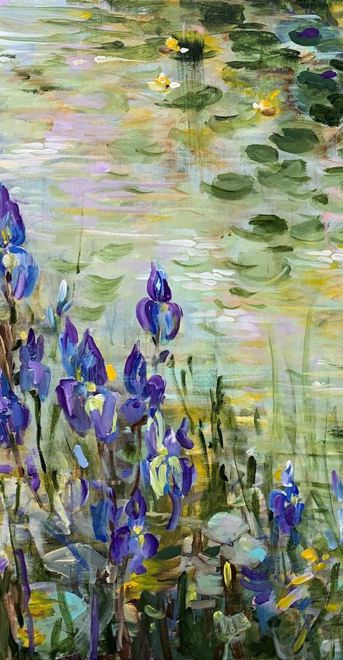 Blue irises at the pond III by Irina Laube