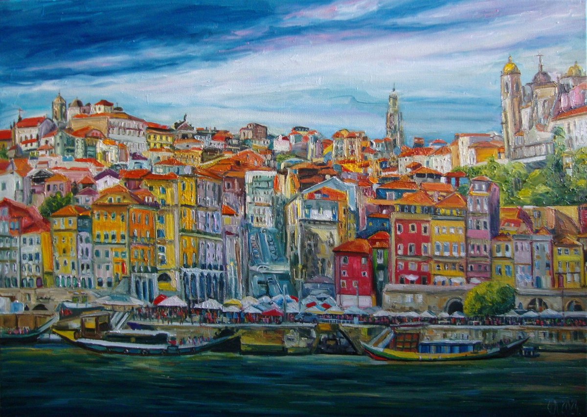 Impressionistic Cityscapes Oil Painting By Olga Knezevic, 28 X 20", Porto, Original Artwork