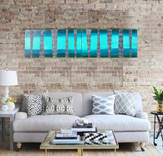 mint emerald steel textured stripes Vertical long painting A254 50x200x2 cm decor original abstract art Large paintings stretched canvas acrylic art industrial metallic textured wall art