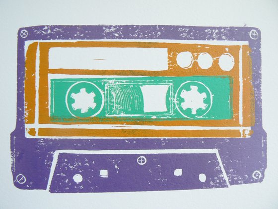 Linocut tapes #3 (cassette tapes, retro music, 70's, 80's rock culture)