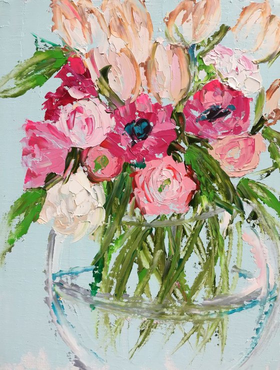 Vase of Peonies and Tulips 14"x11"