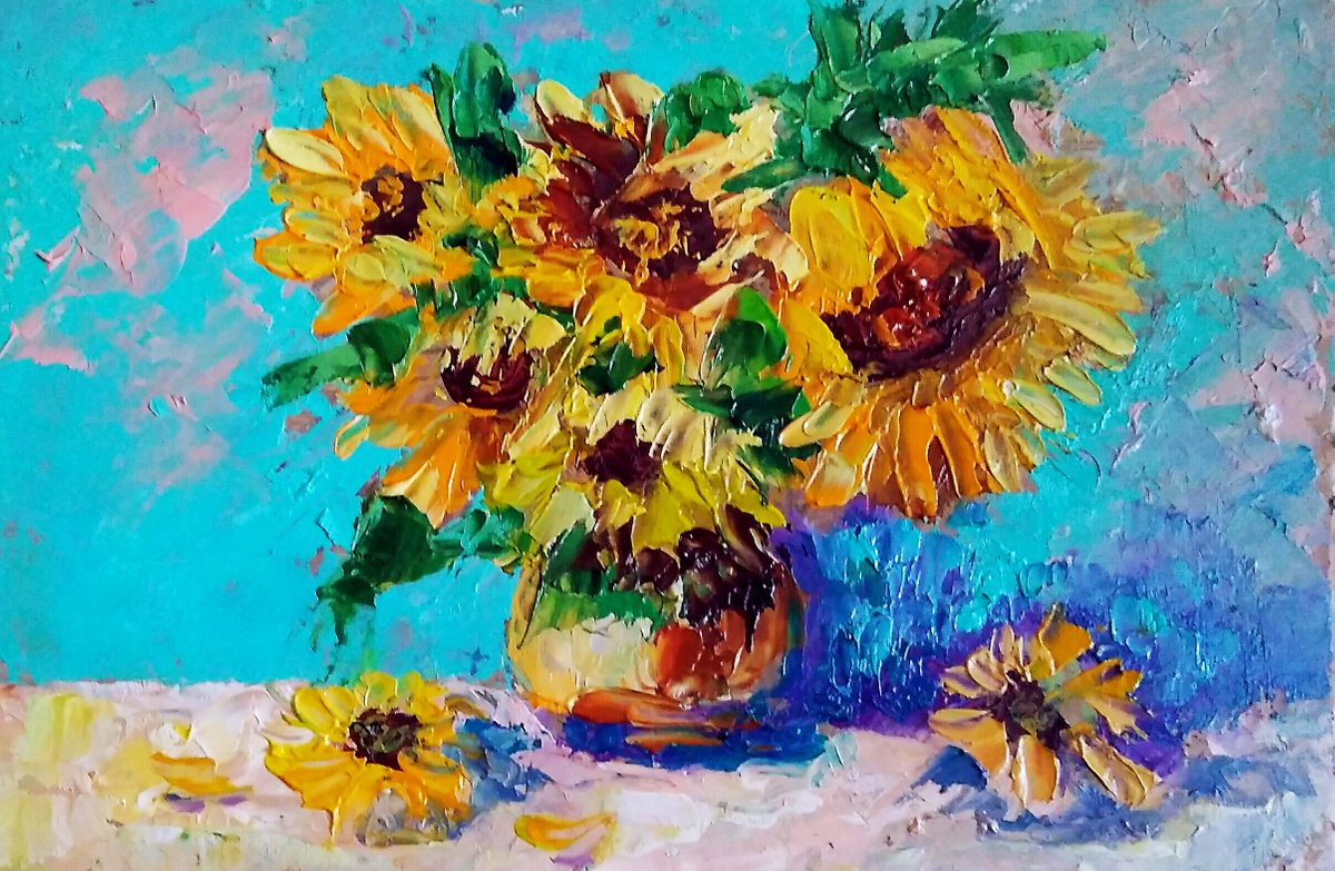 Bouquet of Sunflowers Floral Painting Original Art Small Oil Artwork Flowers Wall Art by Yulia Berseneva