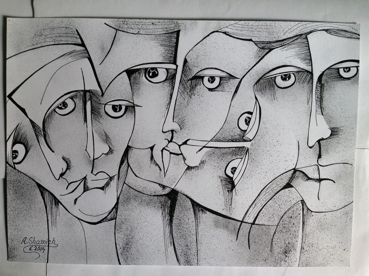 Abstract Portrait Painting By Abdelrahman Shamieh, 17 X 12, Faces, Original Artwork