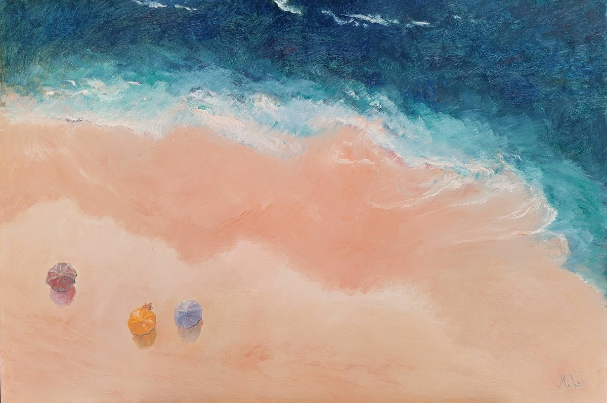 Impressionistic Landscape Oil Painting By Isabel Mahe, 30 X 20, The Pink Sand Beach, Original Artwork