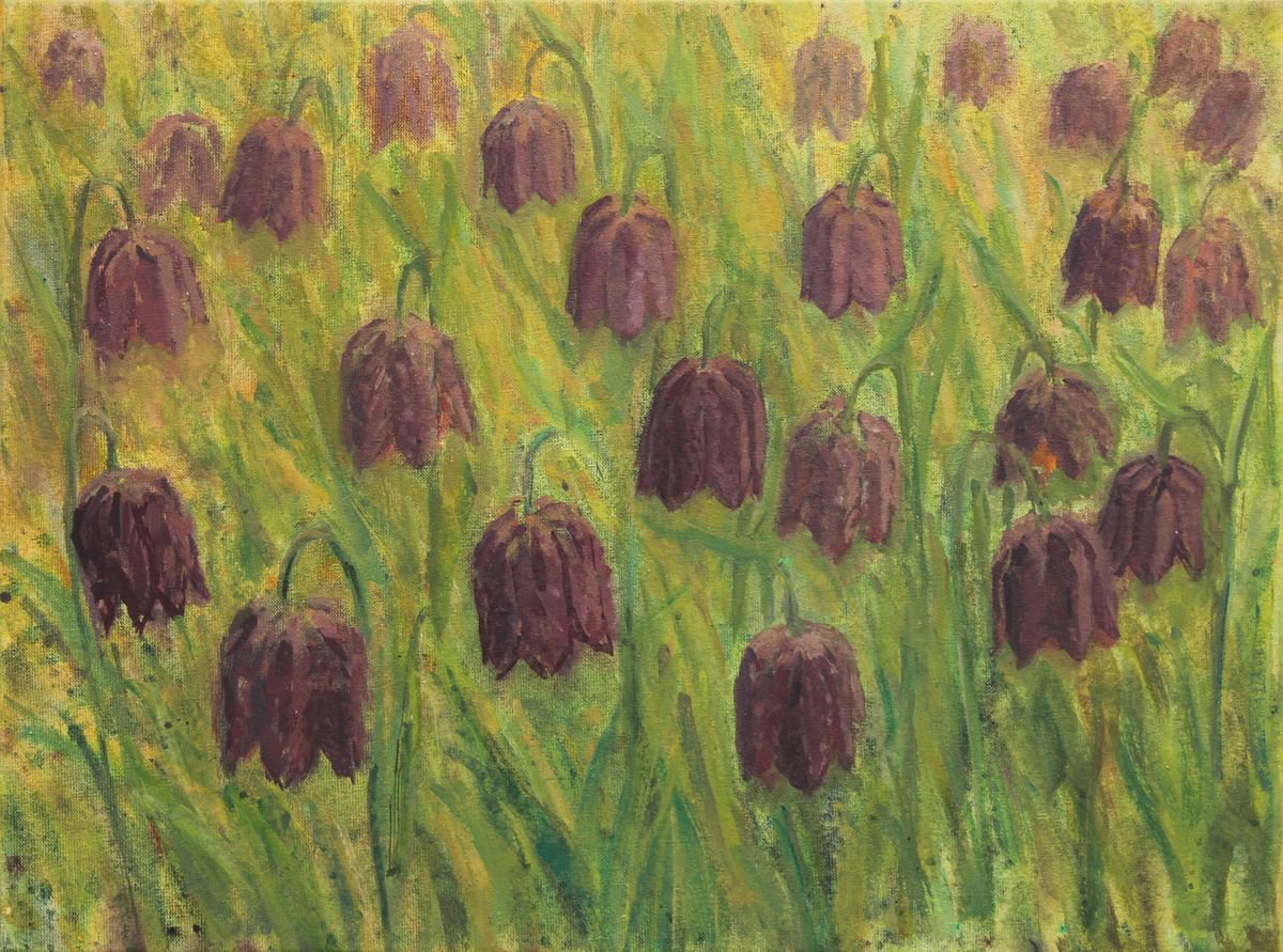 Checkerboard Tulips in the Grass I, 2018, acrylic on canvas, 30 x 40 cm by Alenka Koderman