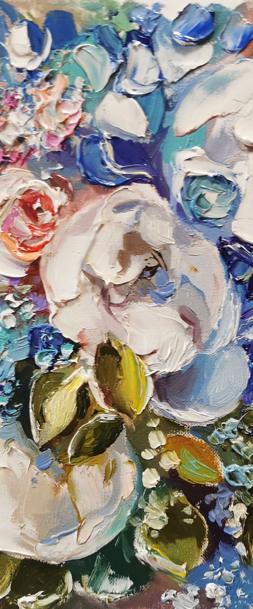 Blue flowers oil painting, Peonies wall art by Annet Loginova