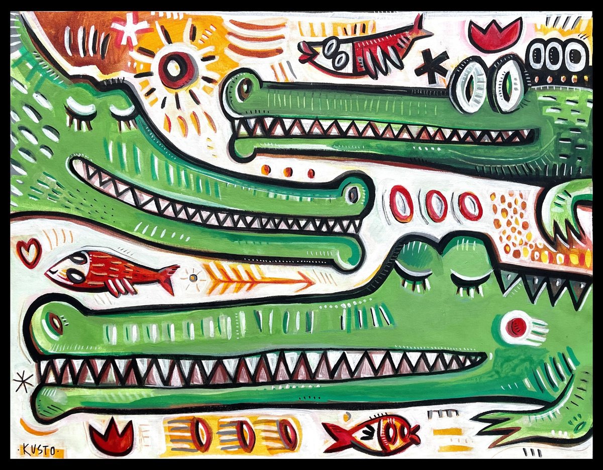 Impressionistic Animal Acrylic Painting By Daria Kusto, 32 X 25, The Croco Fam, Original Artwork