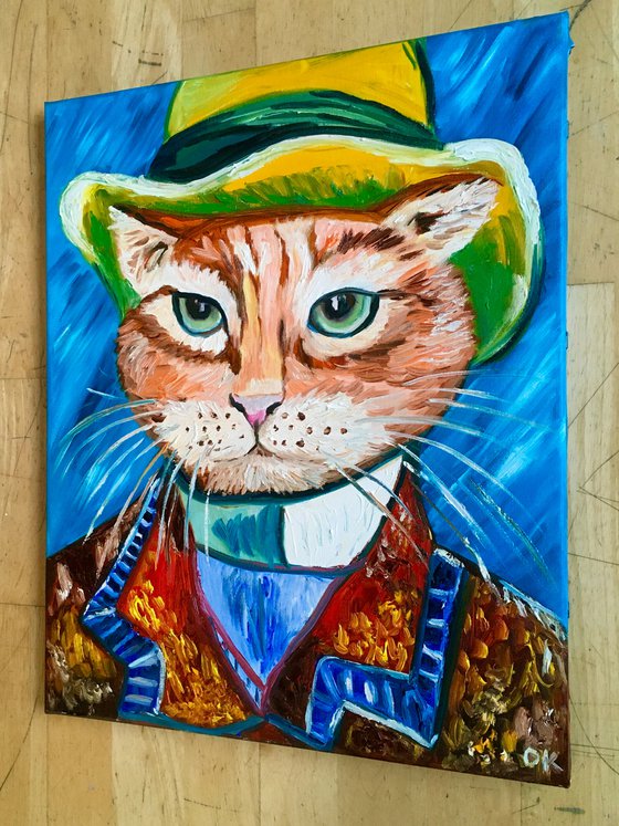 Serious Cat La Van Gogh in a hat FELINE ART FOR CAT LOVERS GIFT IDEA