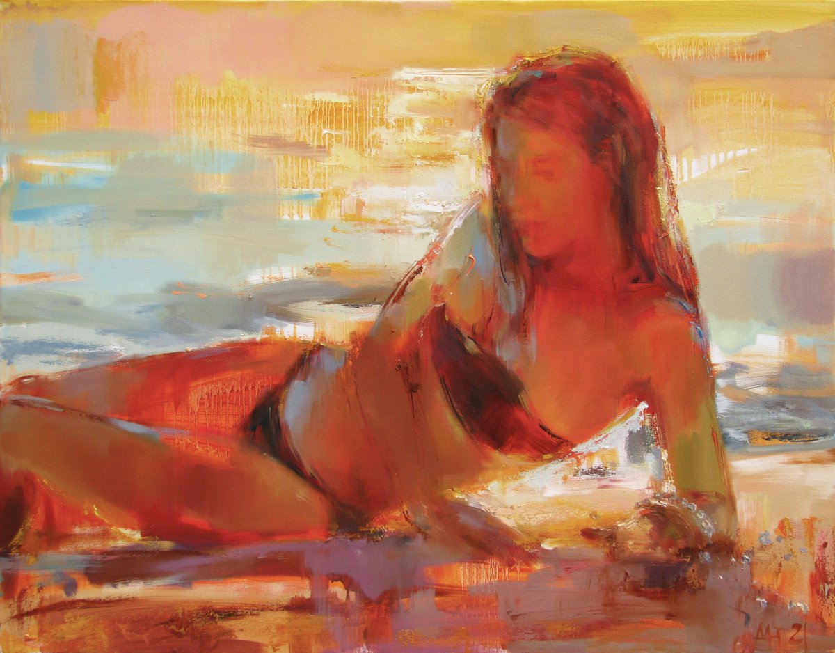 Impressionistic Portrait Oil Painting By Nelina Trubach-Moshnikova, 35 X 26", Aphrodite Palms, Original Artwork