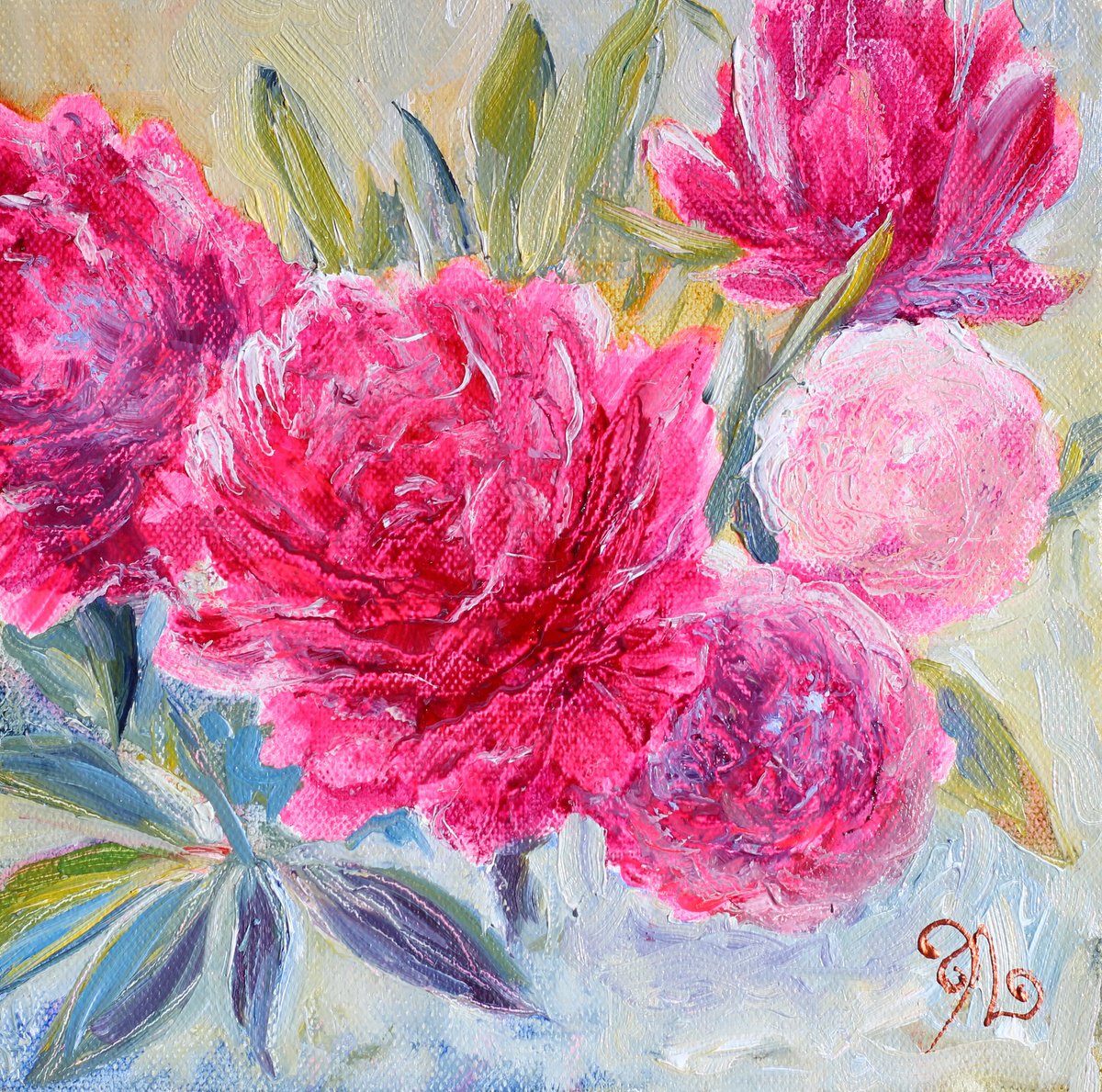 Impressionistic Botanical Oil Painting By Elina Vetrova, 8 X 8, The Peonies In My Garden, Original Artwork