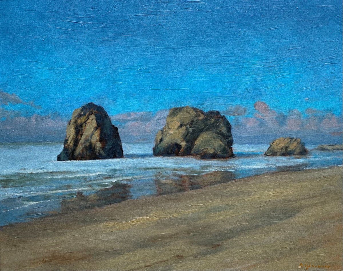 Impressionistic Landscape Oil Painting By Bohdan Vykhrenko, 20 X 16, Beach Sunset, Original Artwork