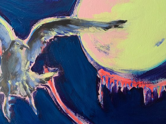 Bright big painting - "Moon light" - Pop Art - Birds - Seagull - 115x90cm