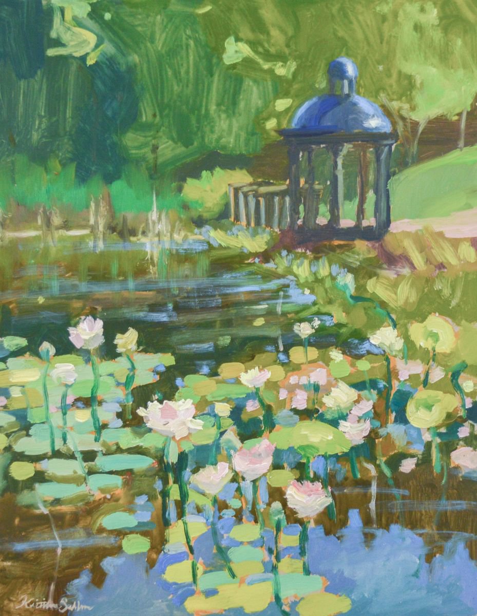 Impressionistic Botanical Oil Painting By Kristina Sellers, 15 X 19", Villa Pond, Original Artwork