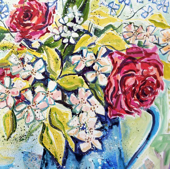 Summer flowers in a blue jug