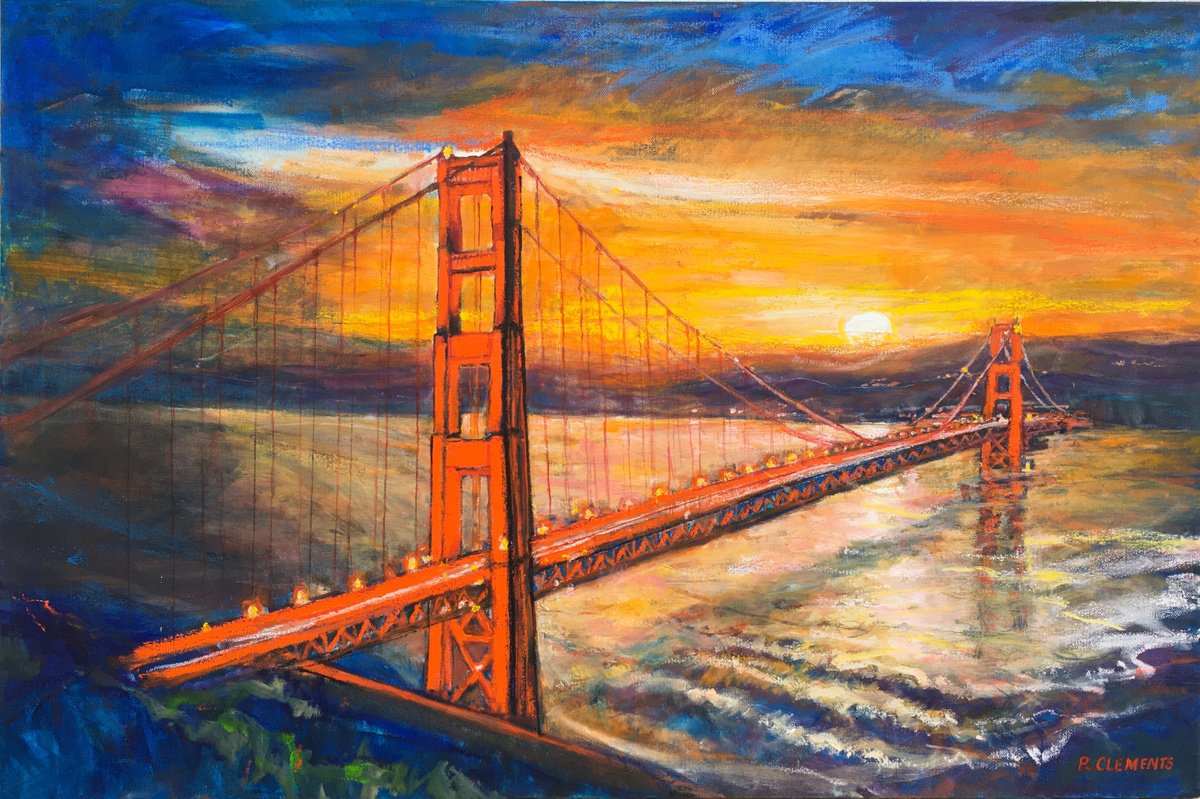Impressionistic Cityscapes Oil Painting By Patricia Clements, 36 X 24", Golden Gate Bridge, Original Artwork