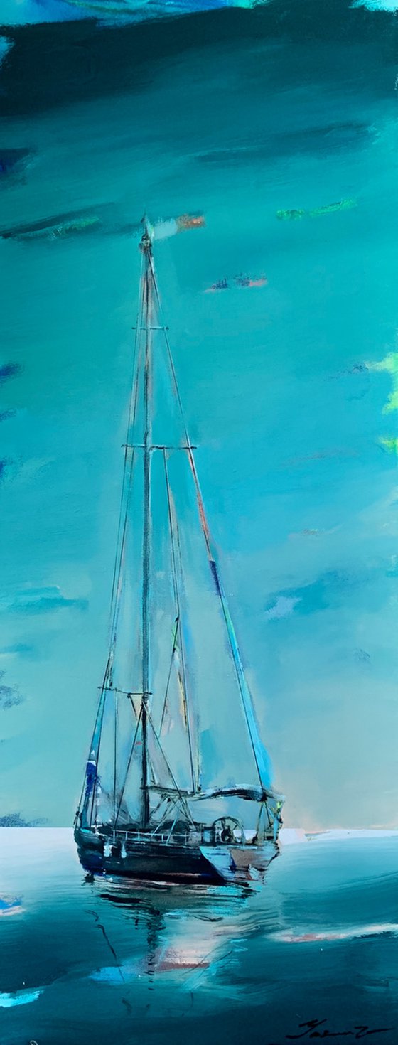 Big vertical painting - "Green ocean" - delicate color - sunset - sailing boat - seascape - ocean