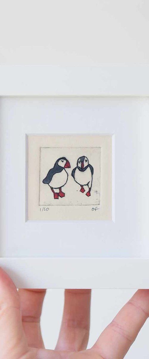 Mini framed two puffins by Sally Fisher