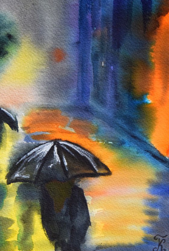 Rainy night New York original watercolor painting, abstract cityscape