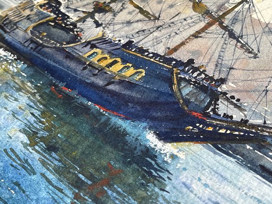 Old ship. Watercolor painting