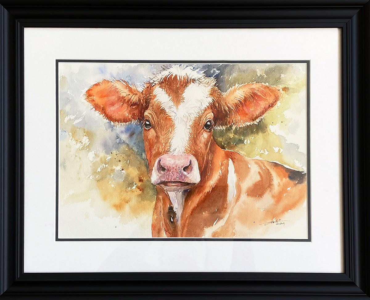 Photorealistic Animal Watercolour By Arti Chauhan, 19 X 15, Buttercup_Cow, Original Artwork
