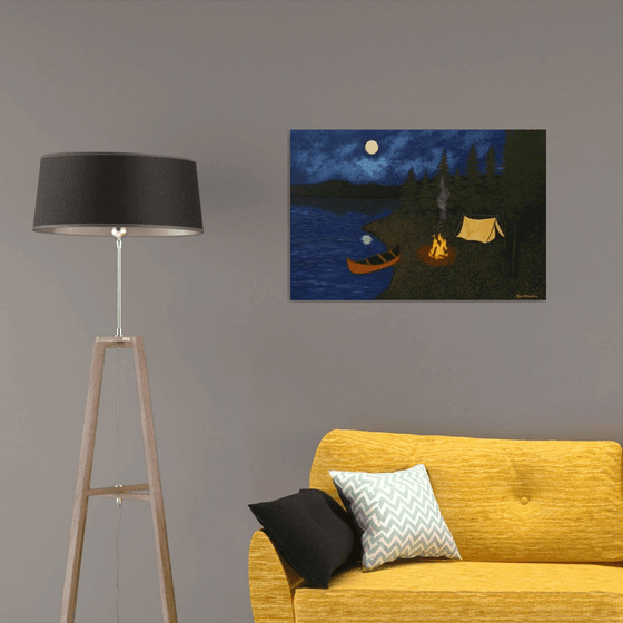 Under the Moonlight - nightscape campfire painting; home, office decor; gift ideas