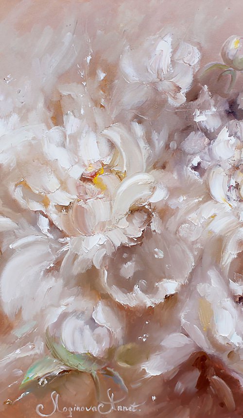 White peonies oil painting by Annet Loginova