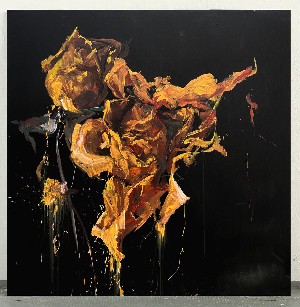 Abstract Botanical Acrylic Painting By Rosi Roys, 47 X 47", Yellow Roses, Original Artwork