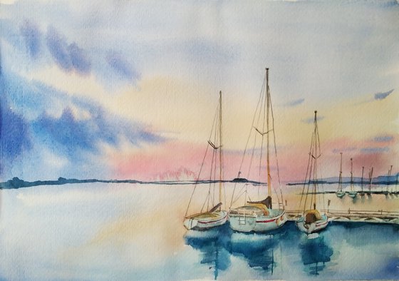 Boats in sunset watercolor