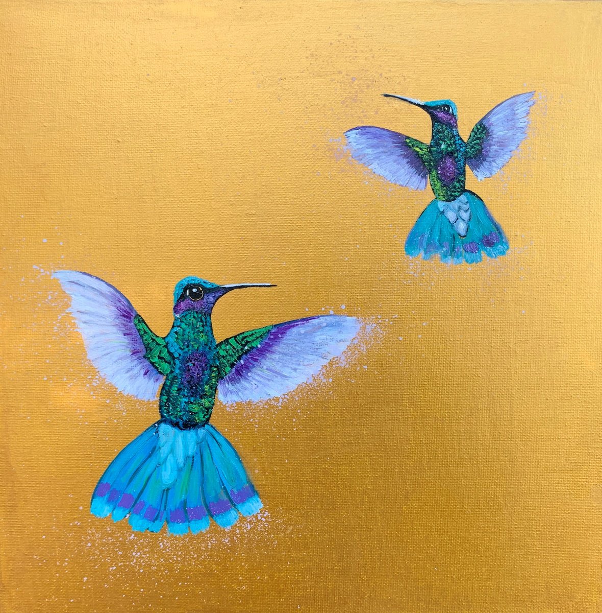 Impressionistic Animal Painting By Laure Bury, 12 X 12", Hummingbirds In Flight, Original Artwork