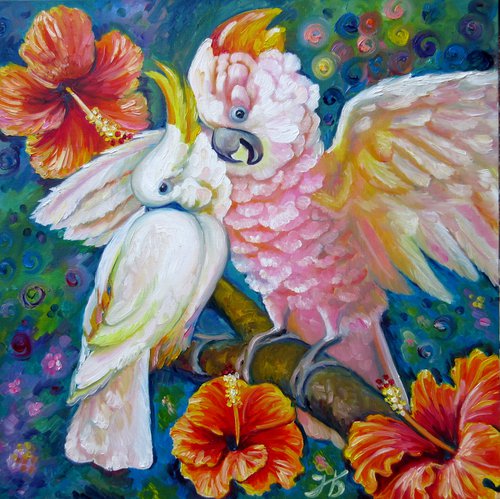 Fell in Love 24X24" Cockatoo Parrots Original Oil Painting Nadia Bykova by Nadia Bykova
