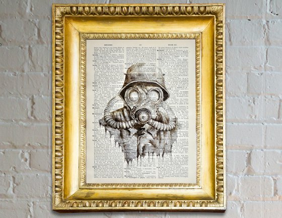 Gas Mask - Collage Art on Large Real English Dictionary Vintage Book Page