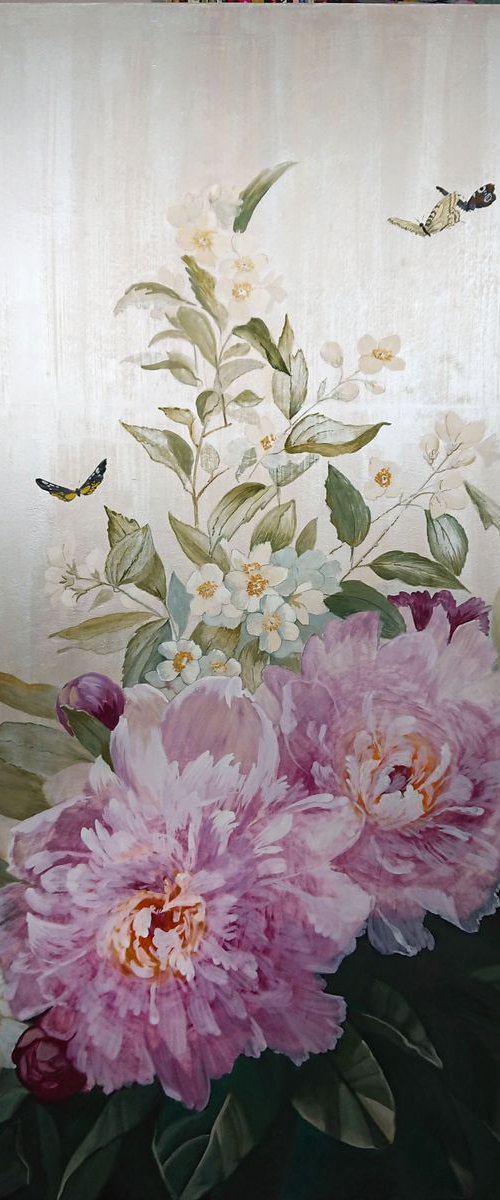 Pink Peonies Large Flower Painting by Caridad I. Barragan