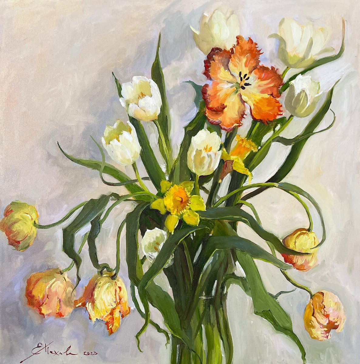 Still Life with Daffodils and Tulips by Evgeniia Mekhova