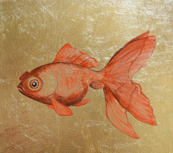 My Little Golden Goldfish Oil Painting on Lacquered Golden Leaf
