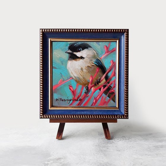 Bird oil painting original framed, Birds on branch picture blue turquoise art gift personalized, Bird illustration