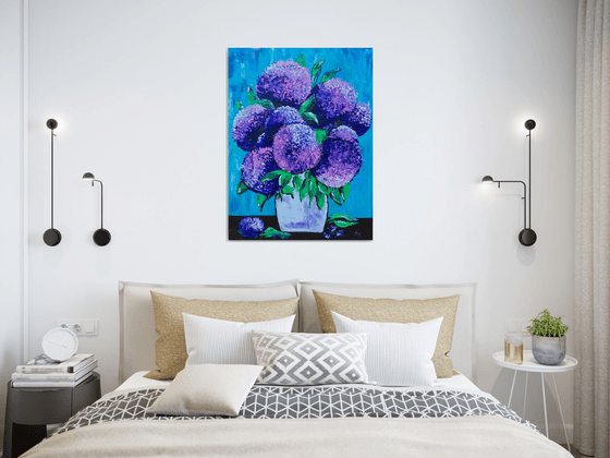 BOUQUET OF Purple hydrangea on turquoise in a white vase palette  knife Original Acrylic painting office home decor gift