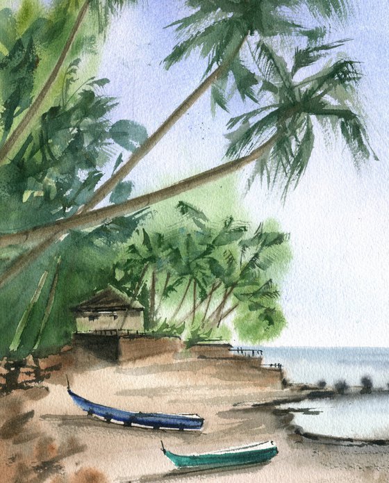 Hawaiian coast boats,  ocean original watercolor, rest and relaxing painting, blue sea wall artwork, medium size, gift for sea lovers