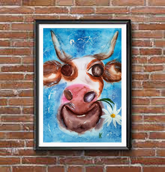 Cow Painting Daisy Original Art Animal Watercolor Floral Artwork Chamomile Home Wall Art 10 by 14" by Halyna Kirichenko