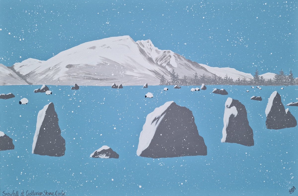Organic Landscape Acrylic Painting By Sam Martin, 30 X 20", Snowy Castlerigg Stone Circle, Original Artwork