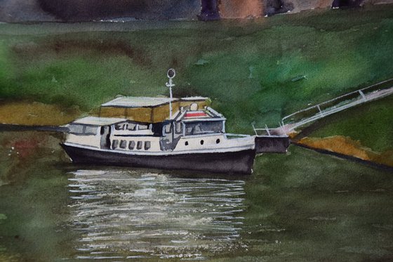 Watercolor painting Boat on the Danube river in small Austrian town