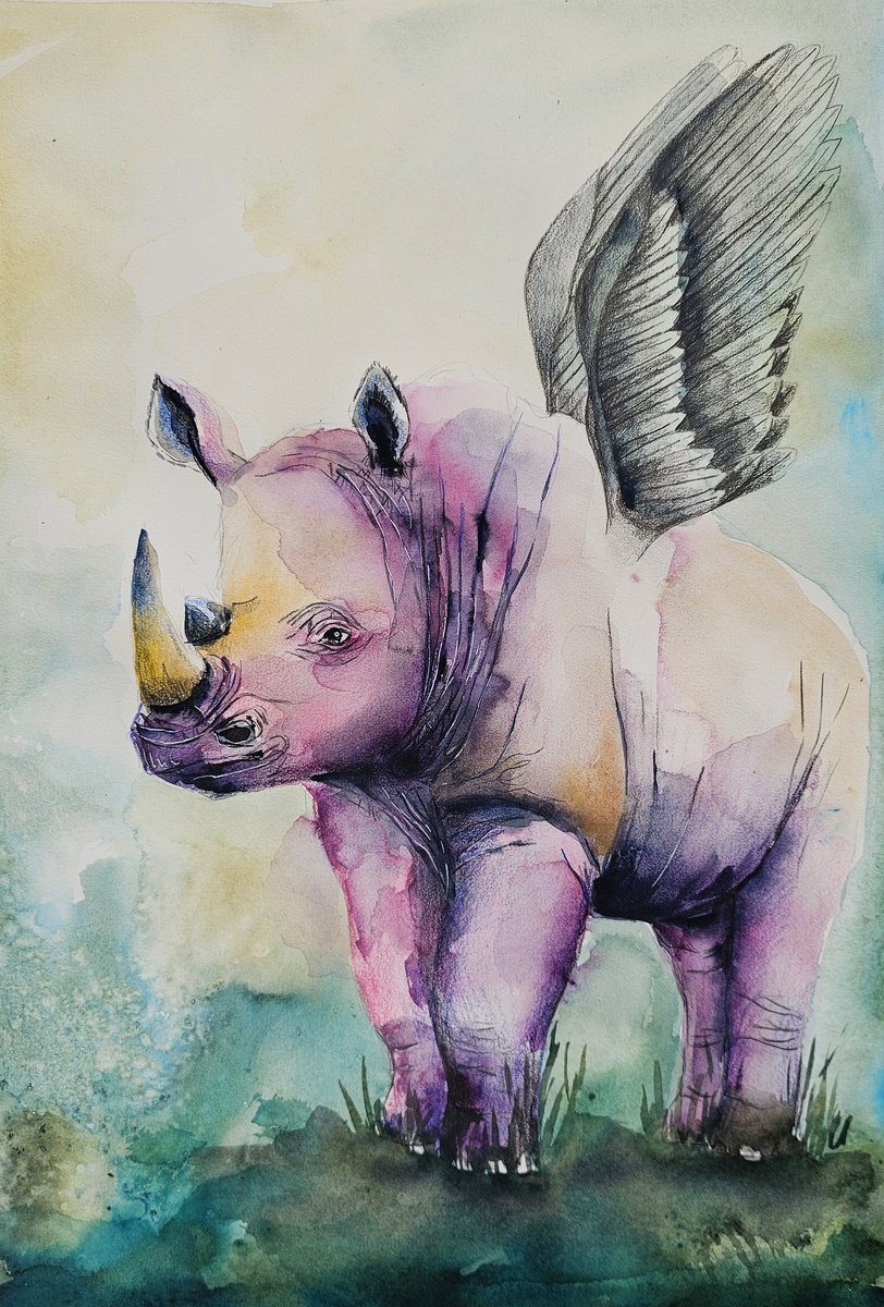 Surrealistic Animal Watercolour By Evgenia Smirnova, 15 X 22, Pink Rhino, Original Artwork