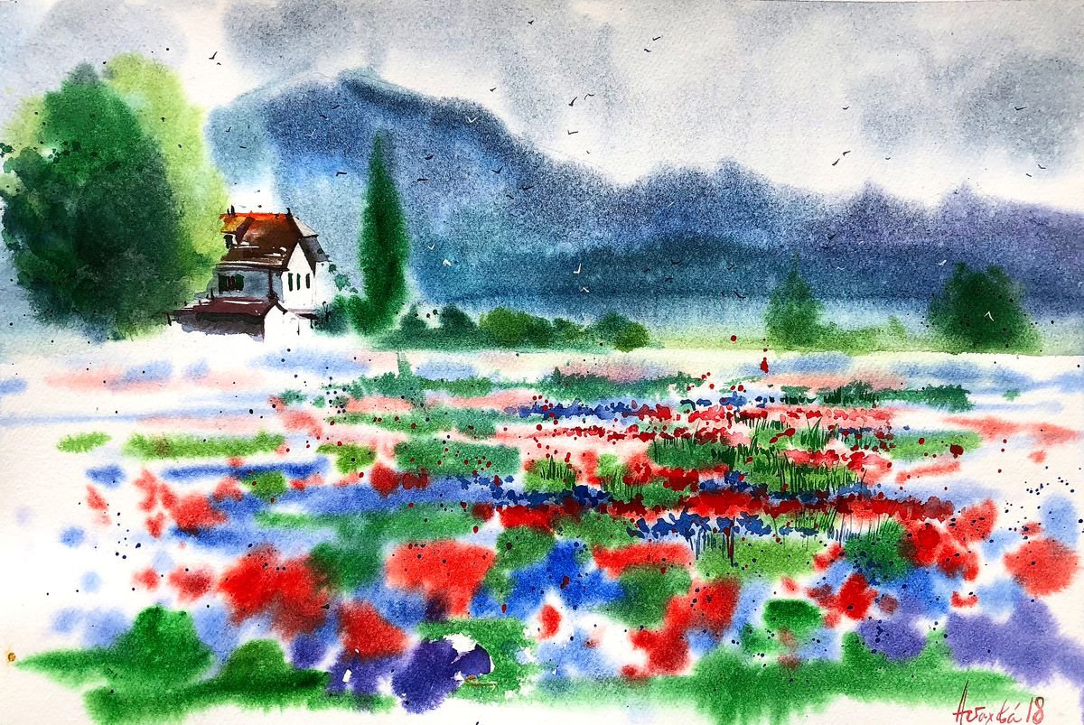 Impressionistic Landscape Watercolour By Ksenia Astakhova, 18 X 12", Poppies & Cornflowers In Ecublens, Original Artwork
