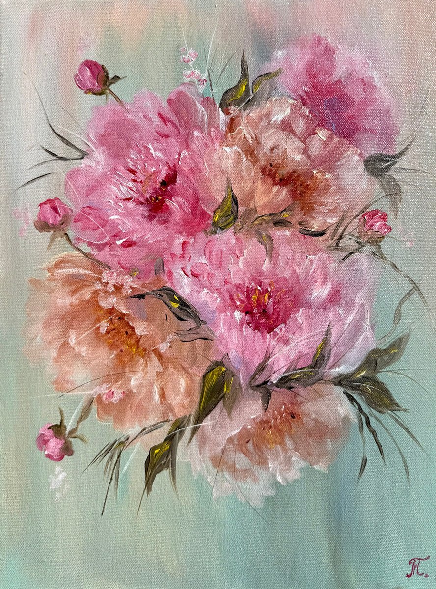 Impressionistic Botanical Oil Painting By Tanja Frost, 12 X 16", Dream Of Peonies, Original Artwork