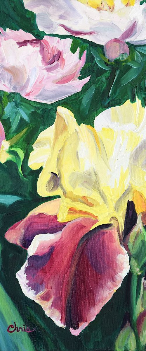 Iris with Pink Peonies by Christina M Plichta