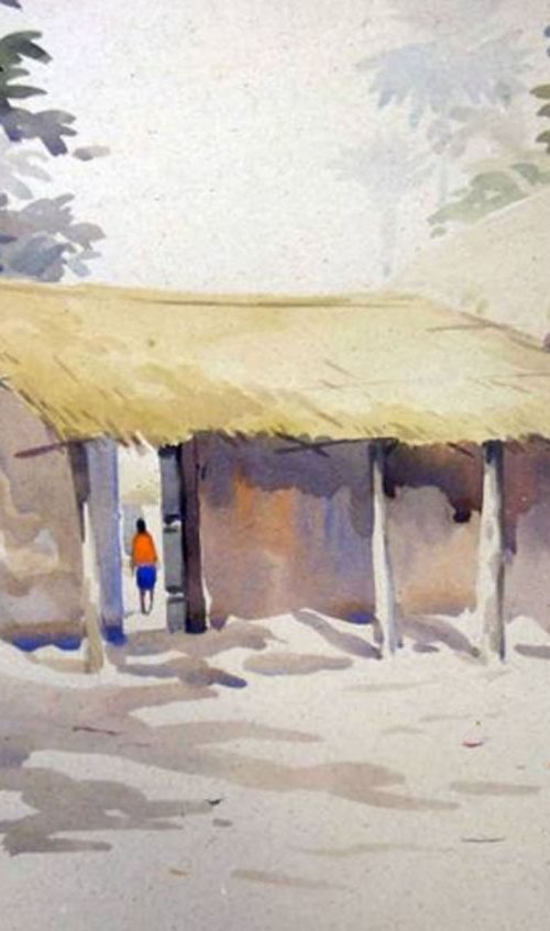 Morning Village-Watercolor on Paper Painting by Samiran Sarkar
