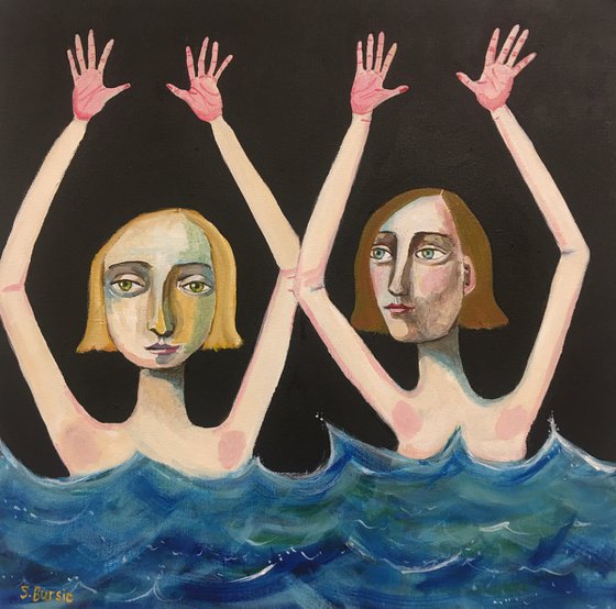 Swimming Girls Canvas  - Quirky Beach Fun - Woman Swimming Wild Swimming Ocean Nude