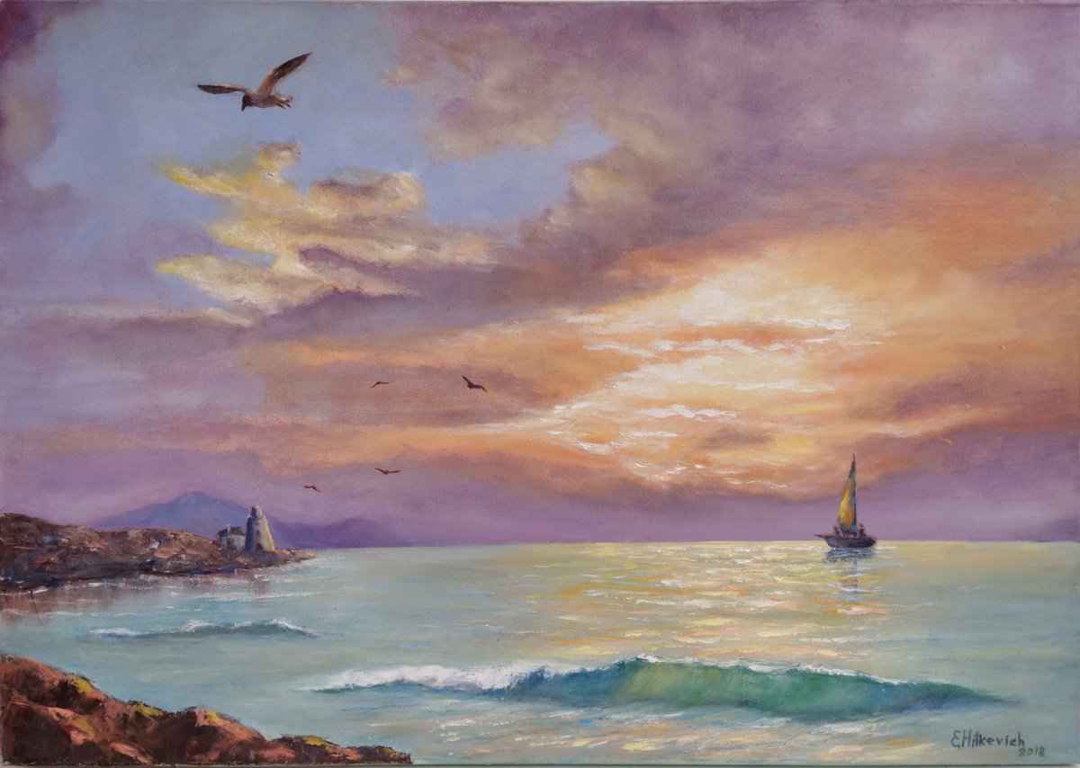 Original Seascape painting Coming home by Elvira Hilkevich