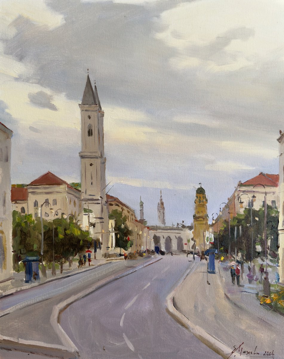 Impressionistic Cityscapes Oil Painting By Evgeniia Mekhova, 16 X 20, Munich View Of The Odeonplatz, Original Artwork